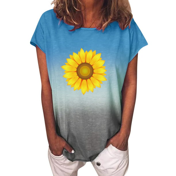 Women Fashion Summer Sunflower Print Short Sleeved O-Neck T-shirt Blouse Tops